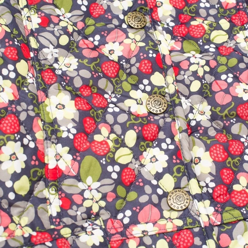 Girls Barbour Strawberry Floral Quilted Jacket with Cream Collar